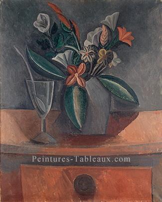 Vase de fleurs verre de vin et cuillère 1908 cubiste Peintures à l'huile